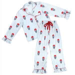 NEW BELLA SLEEP + SPA women's full length ruffled pj set with velvet tie in red/